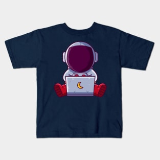 Cute Astronaut Working with Laptop Cartoon Kids T-Shirt